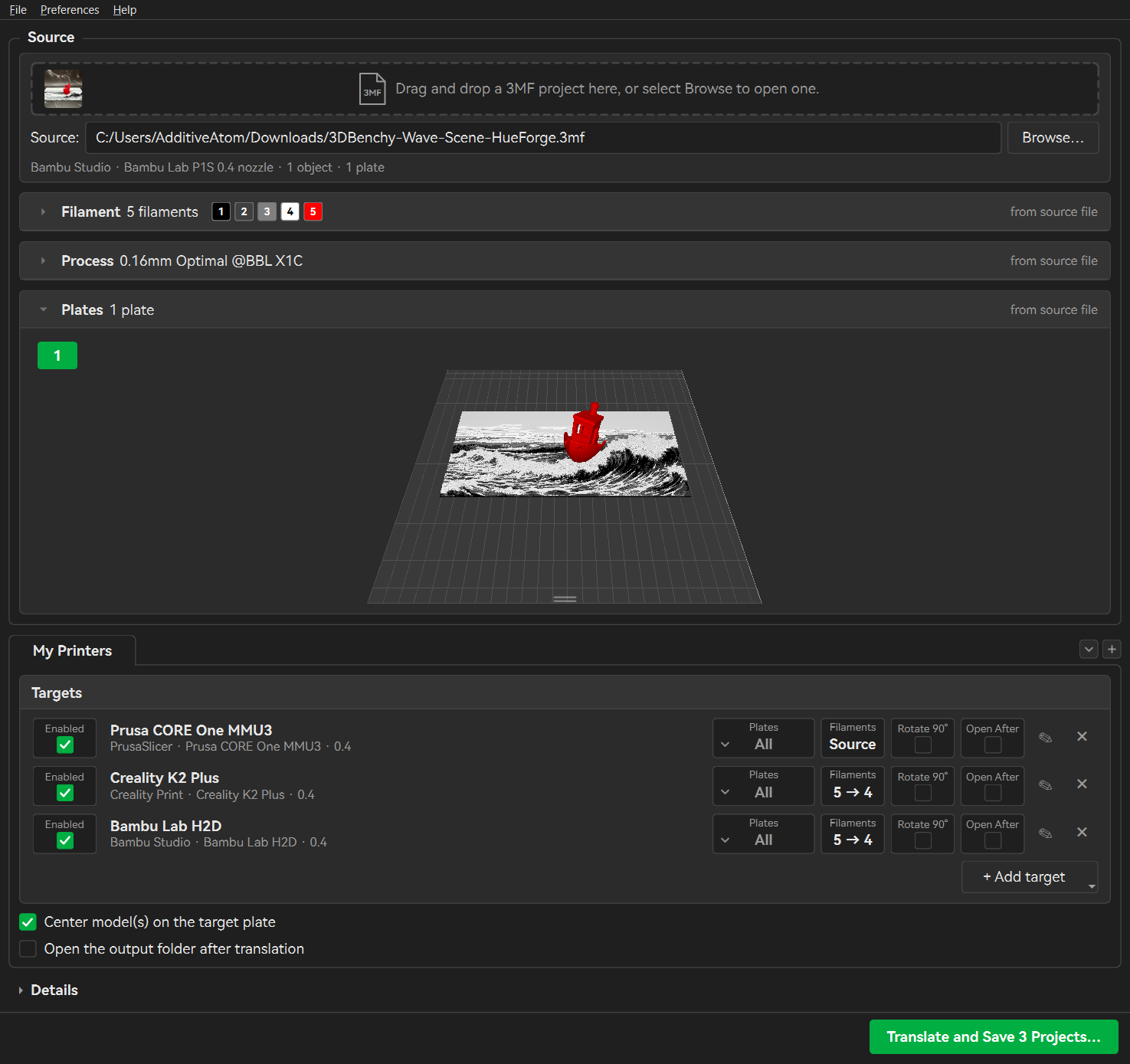 3MF Translator with a project loaded and three target printers