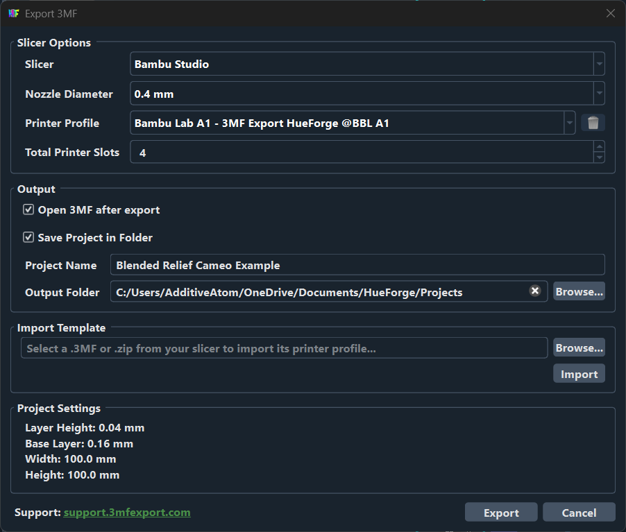 3MF Export dialog inside HueForge