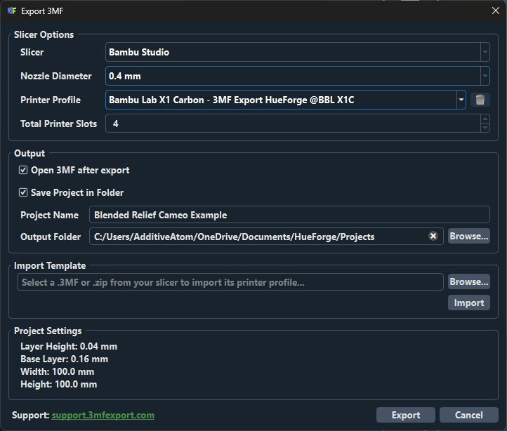 HueForge Export 3MF dialog